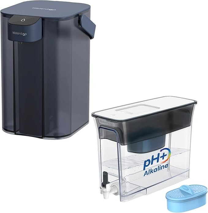 Waterdrop Slim Alkaline Water Filter Dispenser, Large 35-Cup with Electric Water Filter Pitcher, Dispenser 15-Cup, Blue, with 1 Filter, Does not Lower TDS