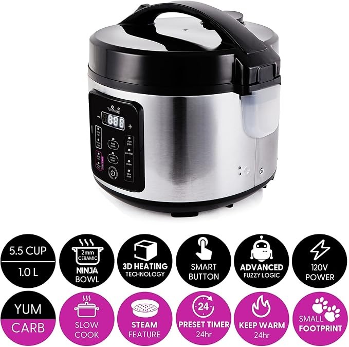 Yum Asia Kumo YumCarb Rice Cooker with Ceramic Bowl and Advanced Fuzzy Logic, (5.5 Cups, 1 Litre), 5 Rice Cooking Functions, 3 Multicooker Functions, 110V US Power (Light Stainless Steel)
