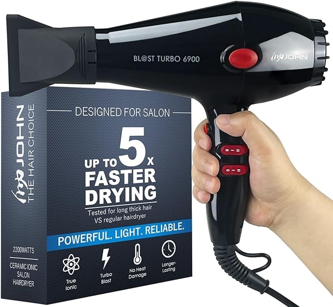 JOHN Professional Ionic Salon Hair Dryer 2200W, Powerful Hair Blow Dryer, 5X Fast Drying, Blast Turbo 6900, Black