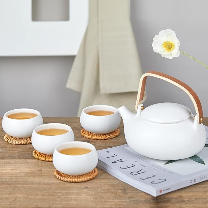 ZENS Modern Japanese Tea Set, 27oz Ceramic Japanese Teapot with Fine Stainer and 4 Tea Cups for Loose Leaf Tea Steeper, Wood Handle Matte Japanese Teapots Hot Tea Brewer for Tea Party Women Gifts