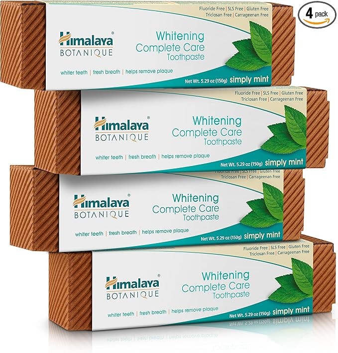 Himalaya Botanique Whitening Complete Care Toothpaste, Teeth Whitening, Fights Plaque, Fluoride Free, No Artificial Flavors, SLS Free, Cruelty Free, Foaming, Simply Mint Flavor, 5.29 Oz, 4 Pack